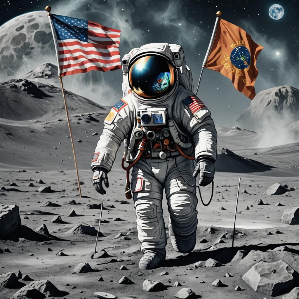 A Llama astronaut in a spacesuit on the moon, with a flag th...