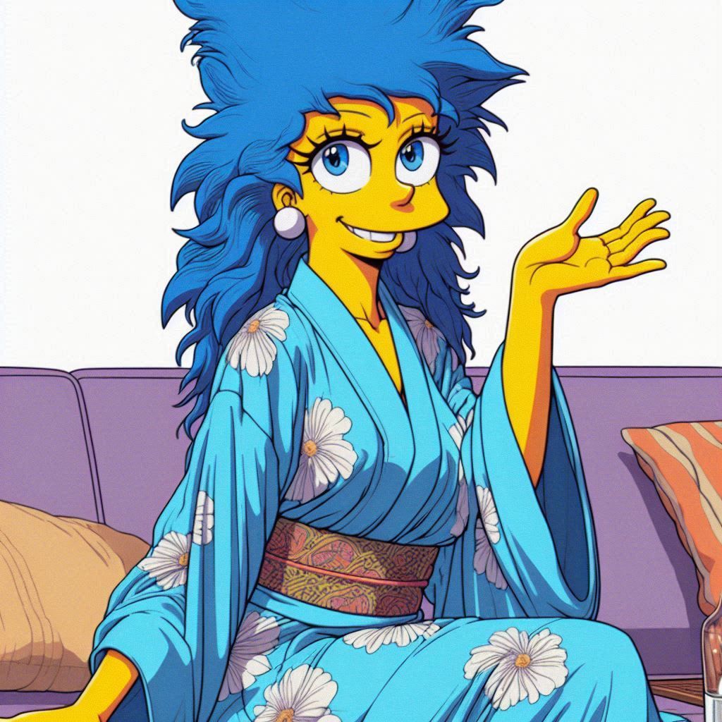 a 1980s anime style image of Marge Simpson drawn in human an...