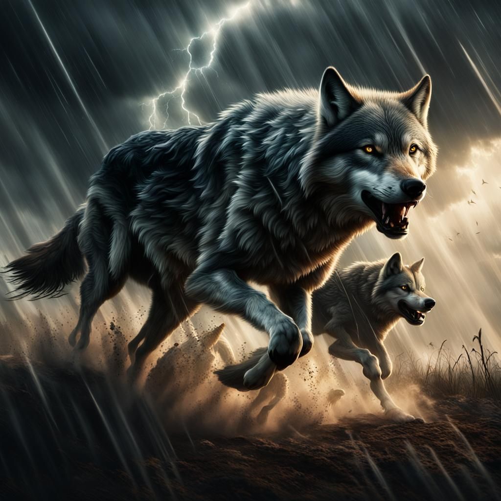 wolves running in a lighting Storm with a tornado
