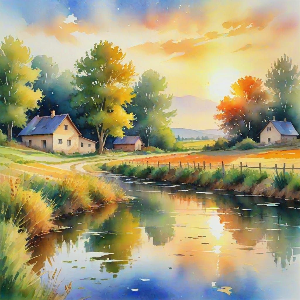 Watercolor Duckling and Crocodile in Sunset Pond