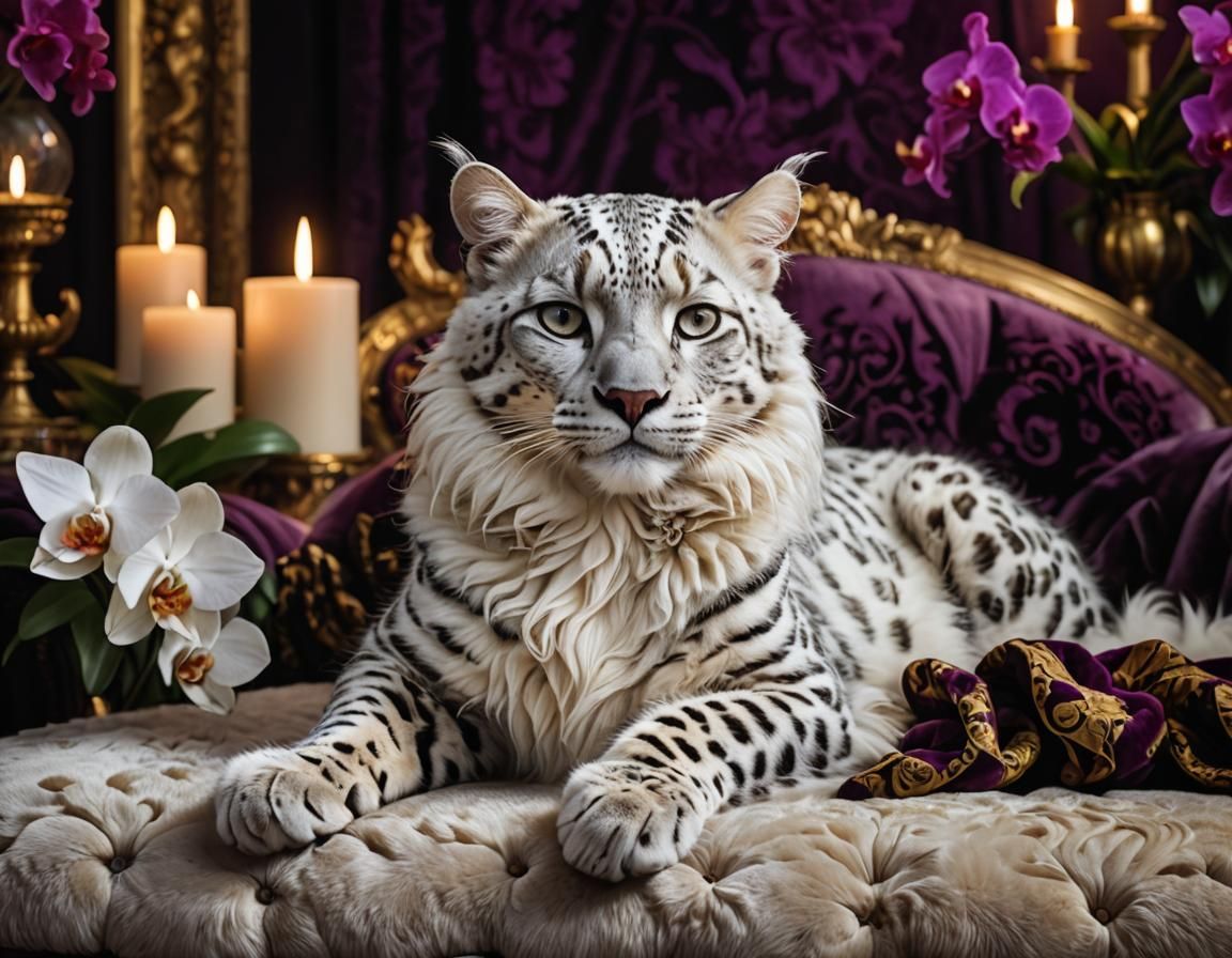 White Leopard-cat on a royal couch