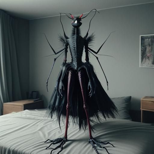 Extremely Creepy humanoid body mosquito playing violin hairy tall absolutely terrifying mosquito insect playing a violin detailed matte pain...