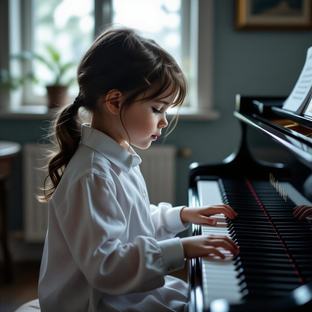 Hyperrealistic Little Girl Playing Piano