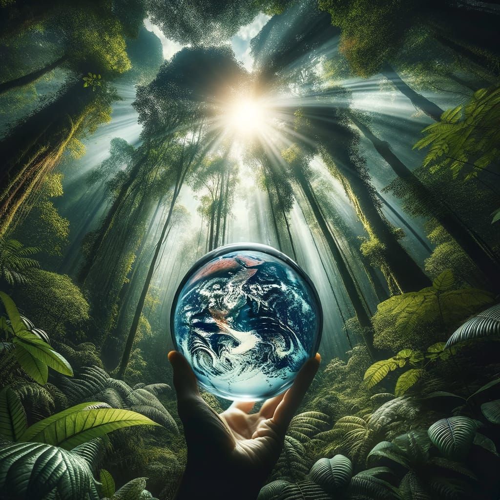 photo of the planet Earth outer  Space, inside a Crystal ball in a rainForest background