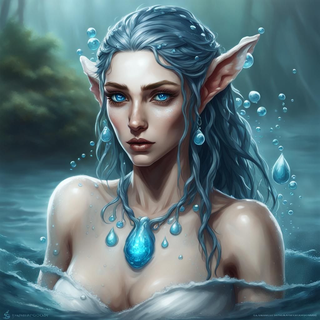 concept art of a miniature female water druid with big blue ...