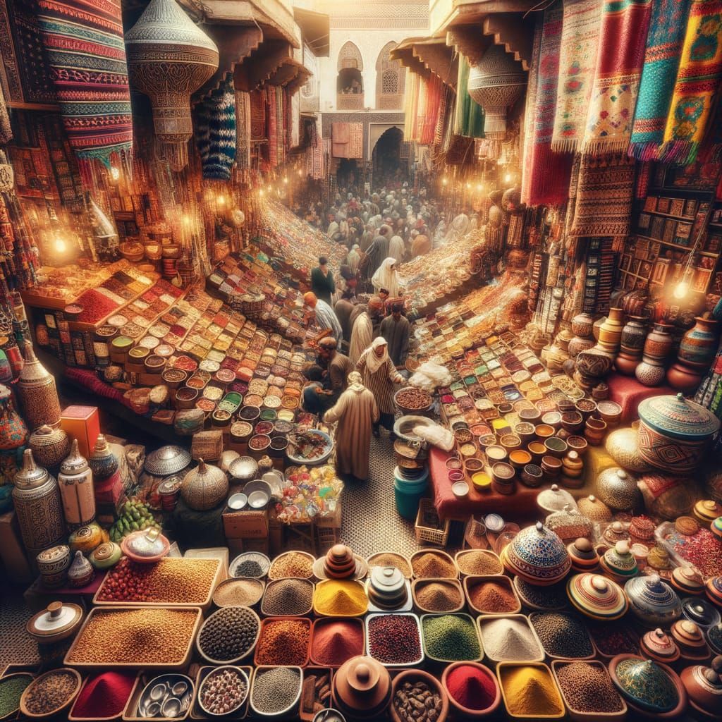 A bustling market ambiance in a Moroccan souk