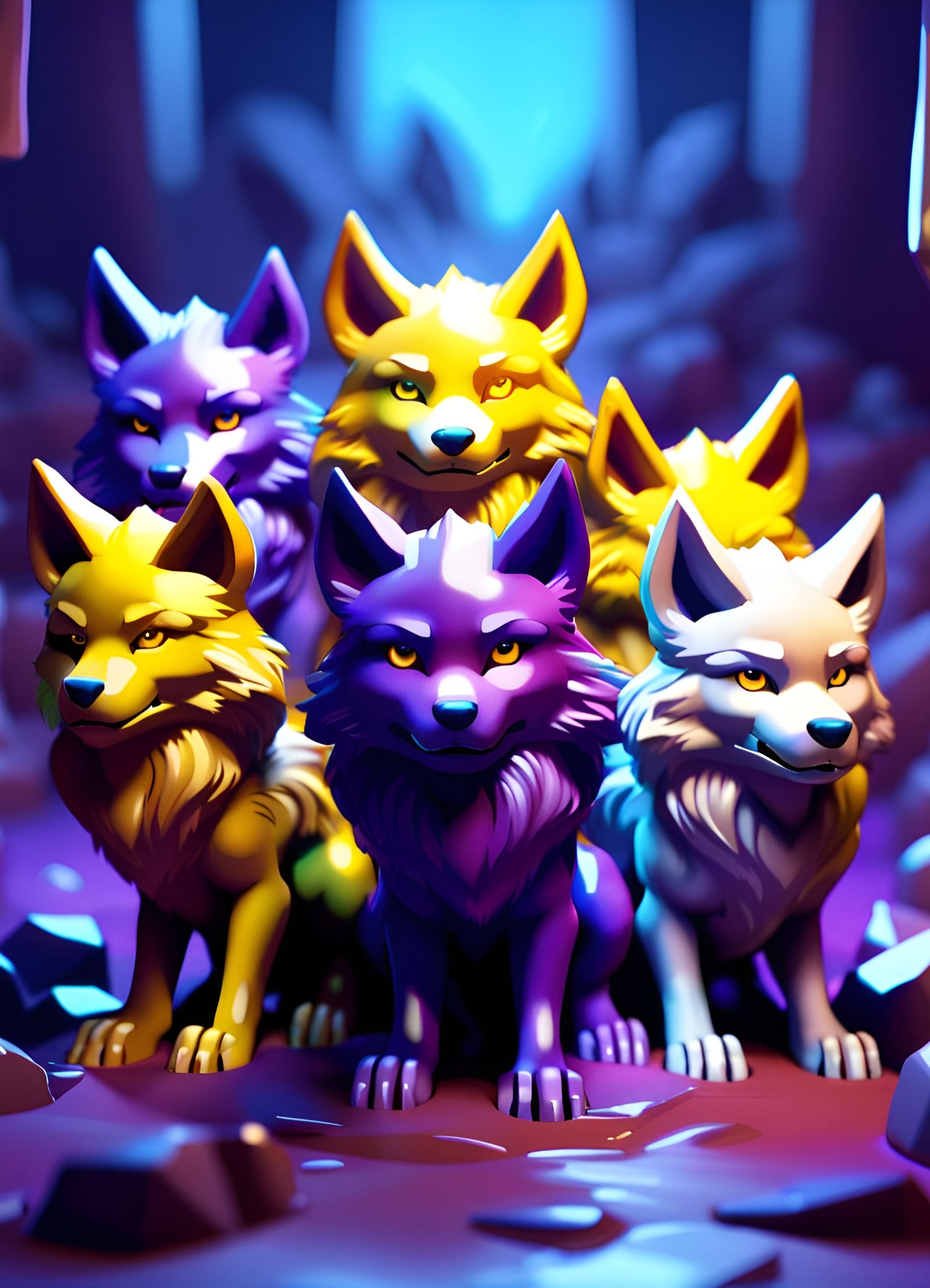 Chibi Purple Wolf Pack, Yellow Wolf Pack, And A Random Gray Wolf All 