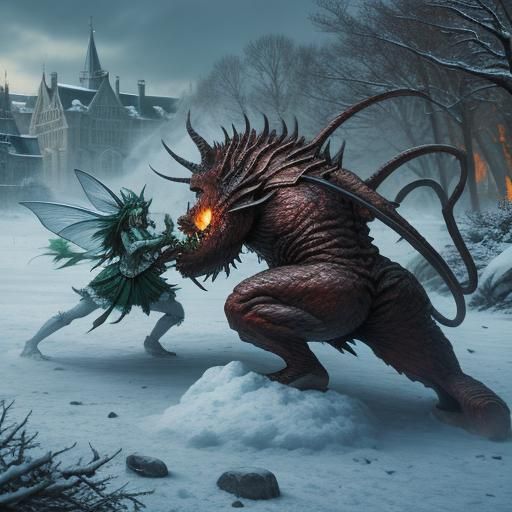 Monsters attacking fairies on a winter day, sharp focus, hyper real, high definition 