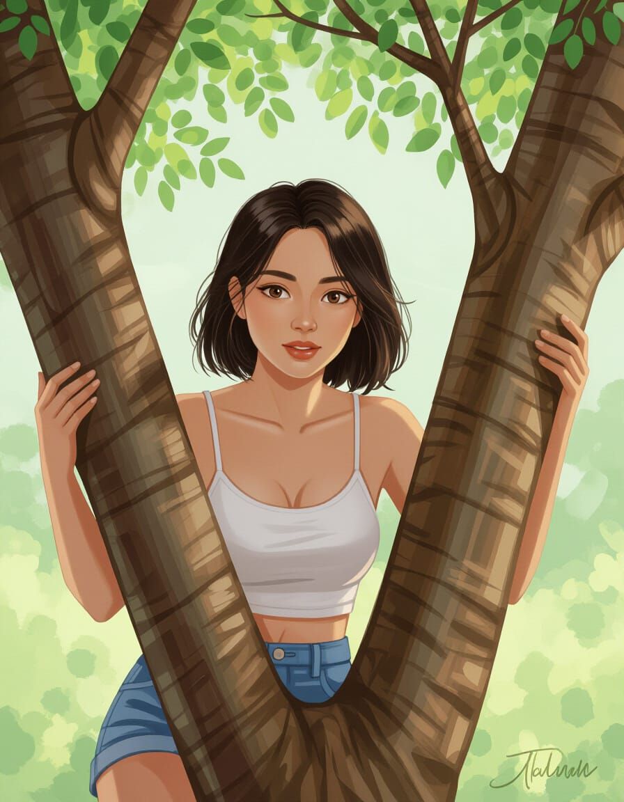 Realistic Thai Woman Climbing a Tree