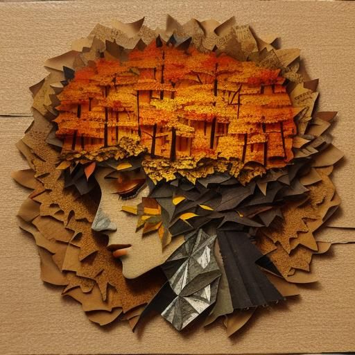 3D, textured torn paper collage art - autumn cozy trees in w...