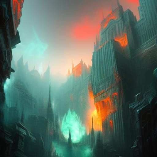 The gates of hell opening up to invade beautiful mint city AI