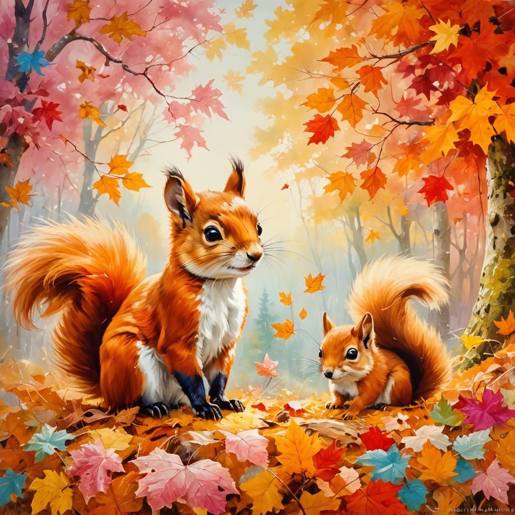 Squirrels in a Pastel Fall Forest  by @AliceIsWonderful