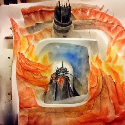 sauron taking a bath in the blast furnace watercolor