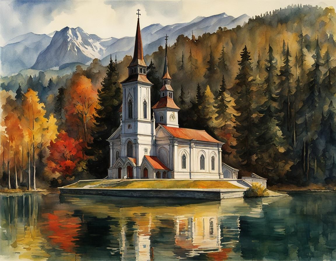 Church on a lake in Slovenia