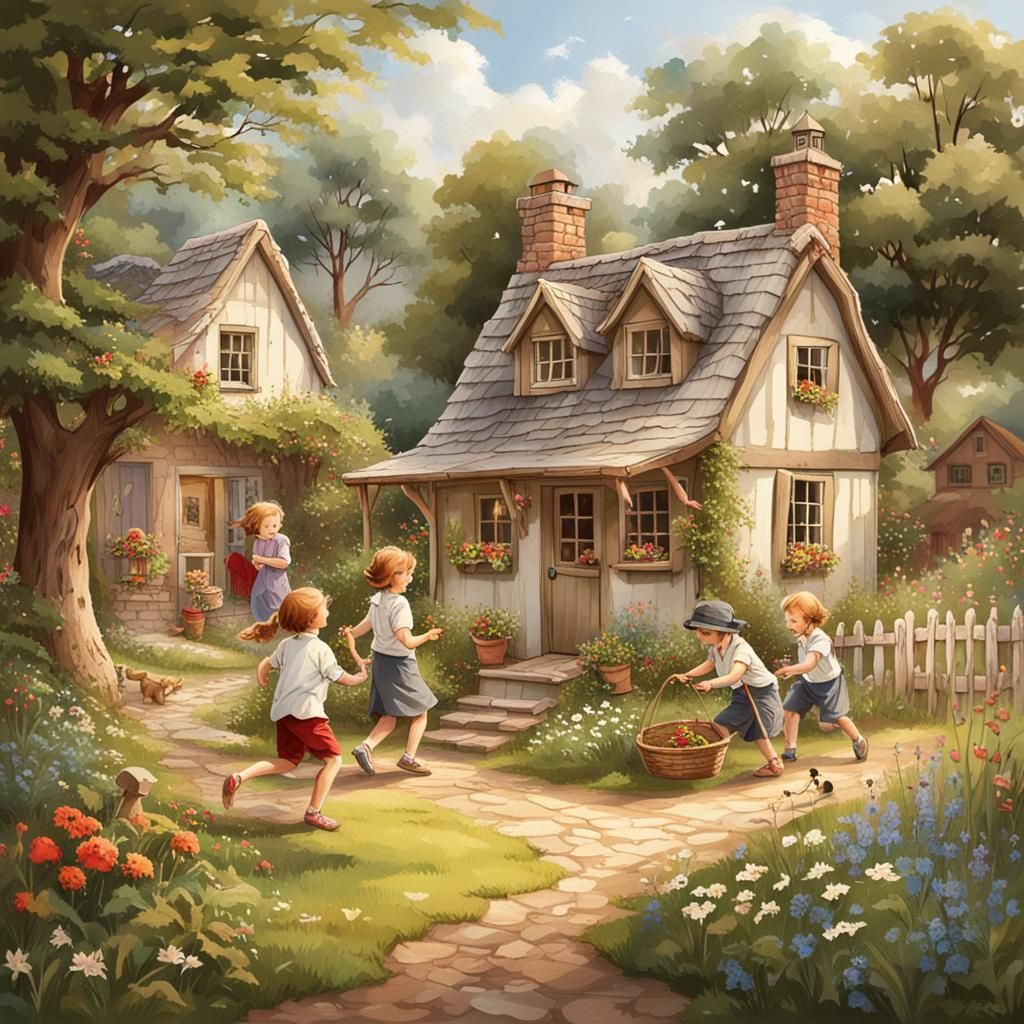 Happy Children Playing In Their Quaint Cottage Yard