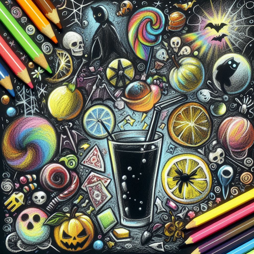 Emo Lemonade  Doodle drawn world, naive child-like drawing , Crayon drawn style,  cosmic  lemonade city of glasses, star gazing child, Dark...