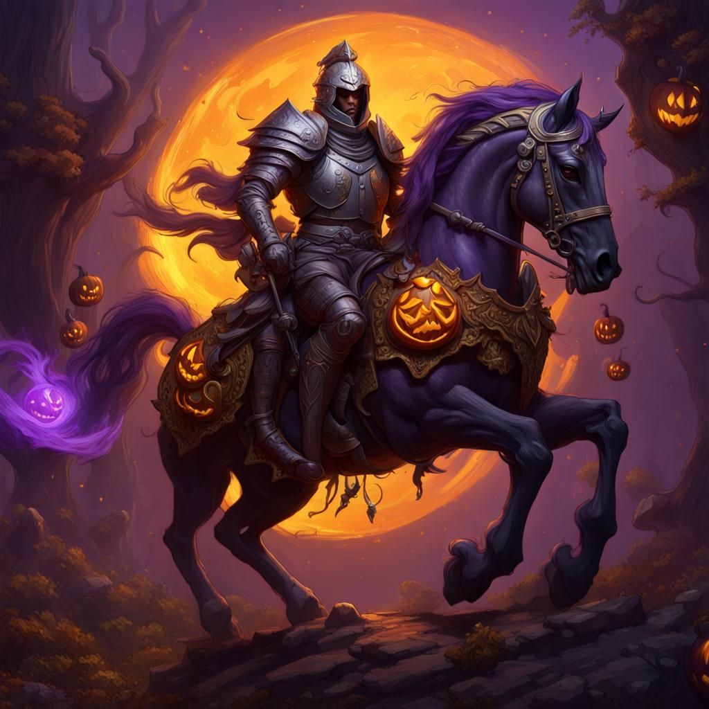Jackolantern headed knight on a dark horse