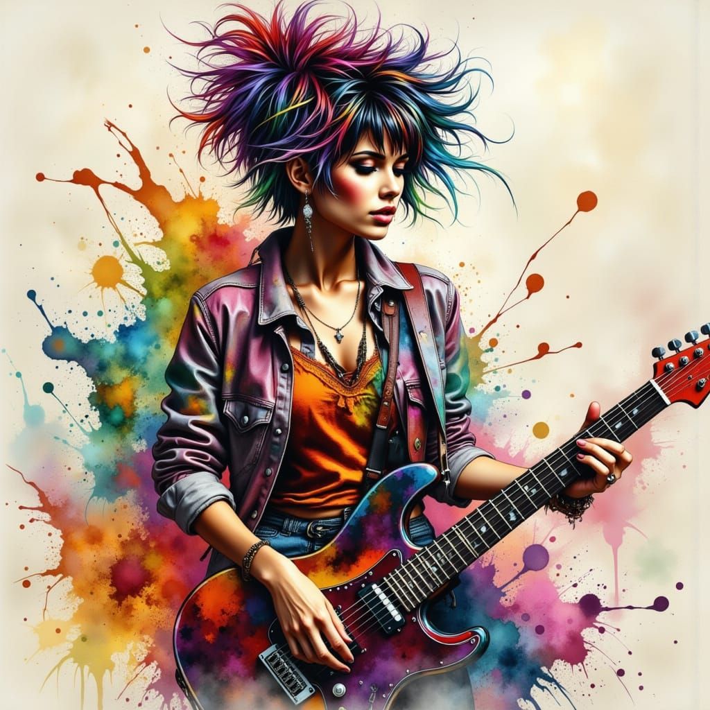 Energetic Punk Rock Guitarist in Vibrant Watercolor Style