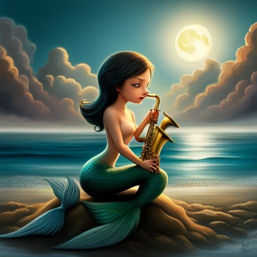 Mermaid  Playing Saxophone in the Moonlight/Shining,Bright,S...