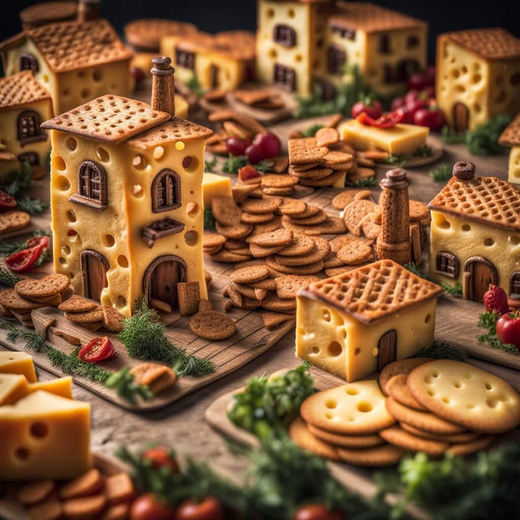 a village made of cheese and crackers and pepperoni  by @Erow