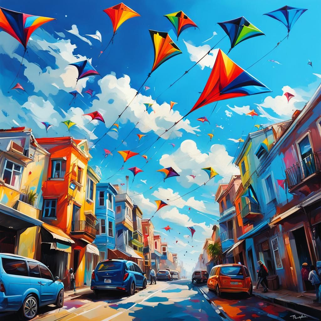 A brilliant blue seaside sky filled with colorful kites.