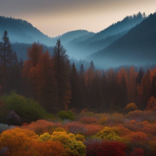 Mountains in fall with fog over the land.  false