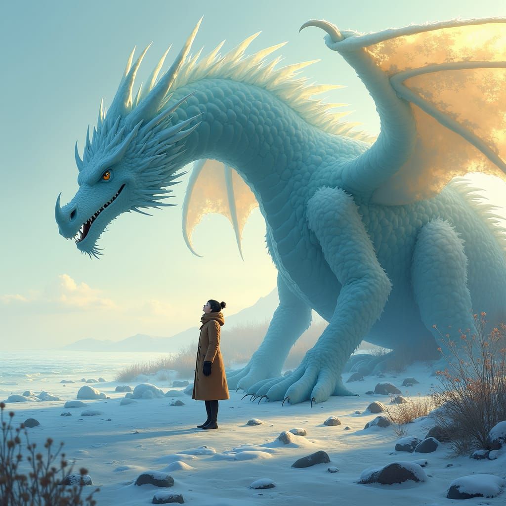 a person standing next to a large ice dragon near the beach, in the style of anime art, miwa komatsu, realistic color palette, sparth, tsuba...