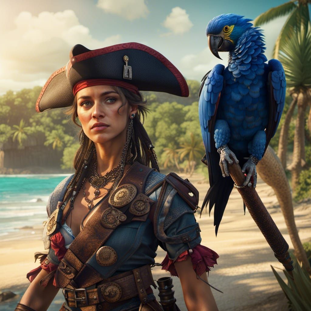 Female pirate in tropical beach with a hyacinth macaw on sho...
