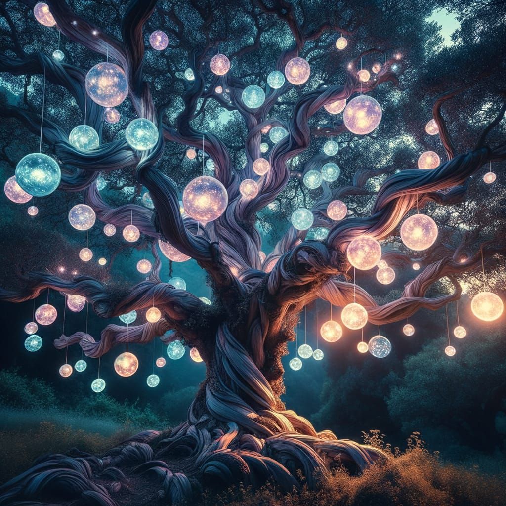 Enchanting Tree in Soft Twilight Illuminates with Glowing Or...