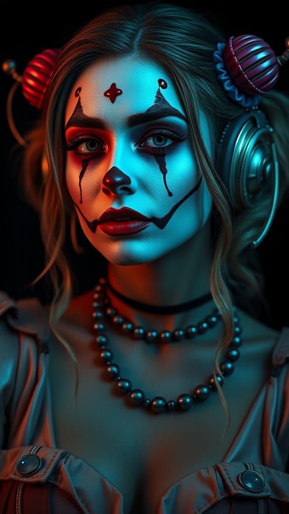 Clown Cyborg Woman Portrait with Bioluminescent Accents