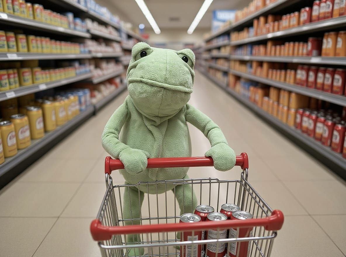 Let the plush frog push a shopping cart through a supermarket aisle and buy beer cans and putting them into the cart