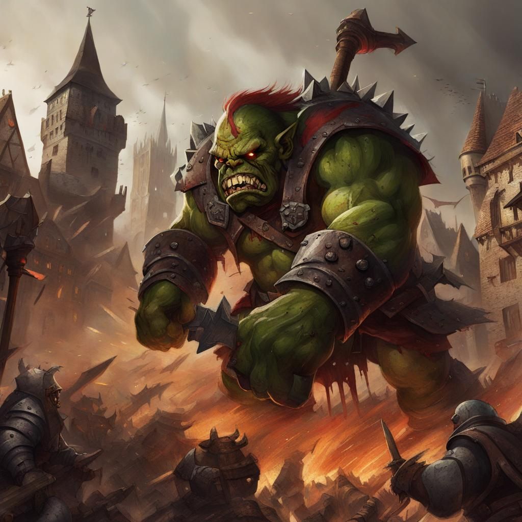 A giant ork destroying a medieval city - AI Generated Artwork ...