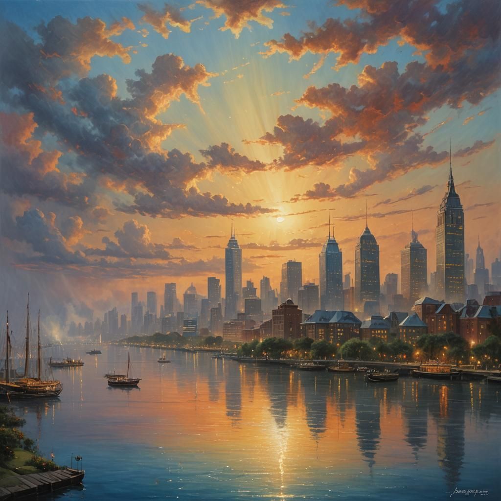 City Sunset Oil Painting with Ethereal Lighting