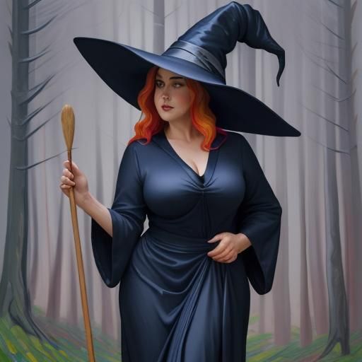 Curvy mature witch, in navy blue robes and pointed hat looki...