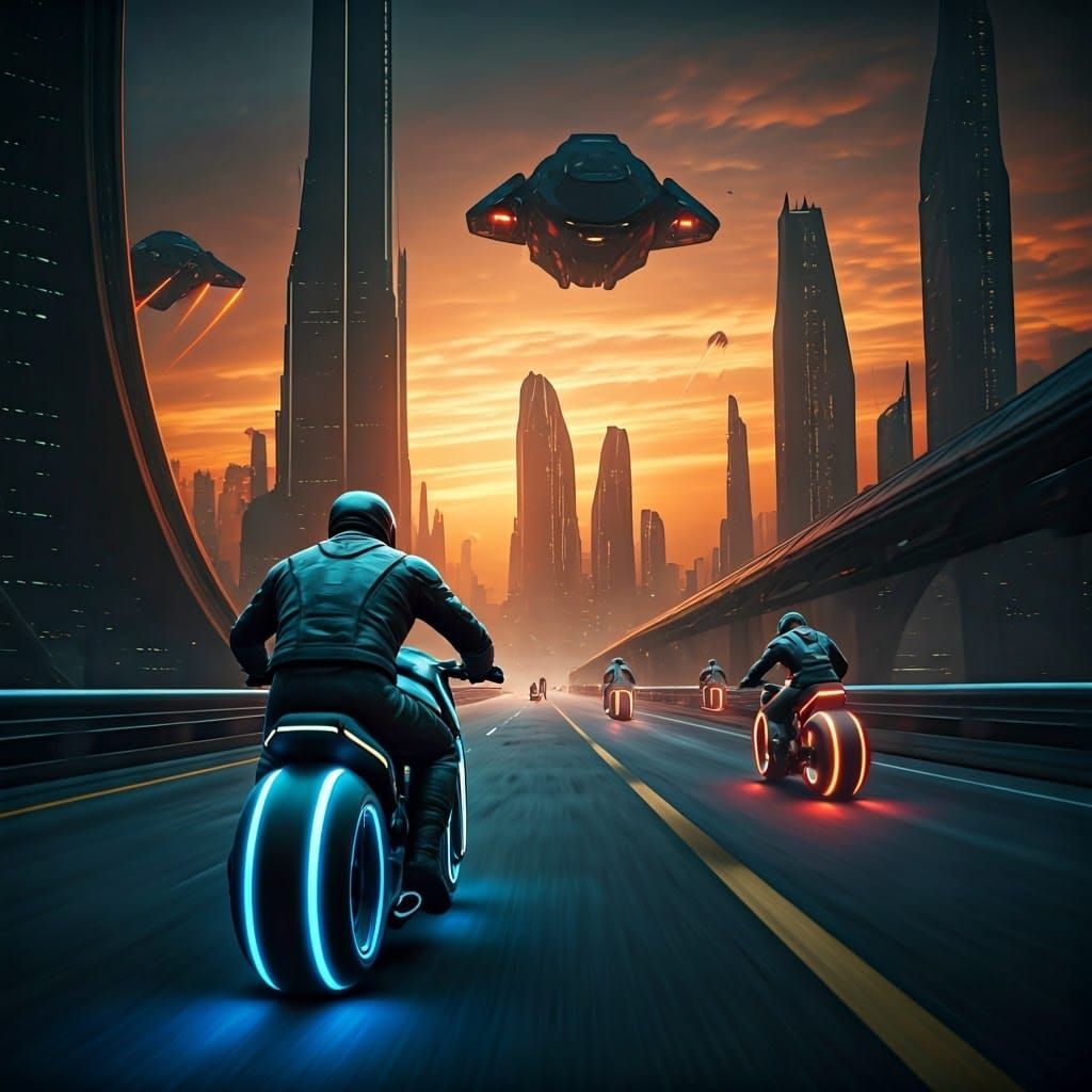 In the style of Tron legacy. It should only use limited colour palette from the film such as very desaturated metallic light blue and heavy...