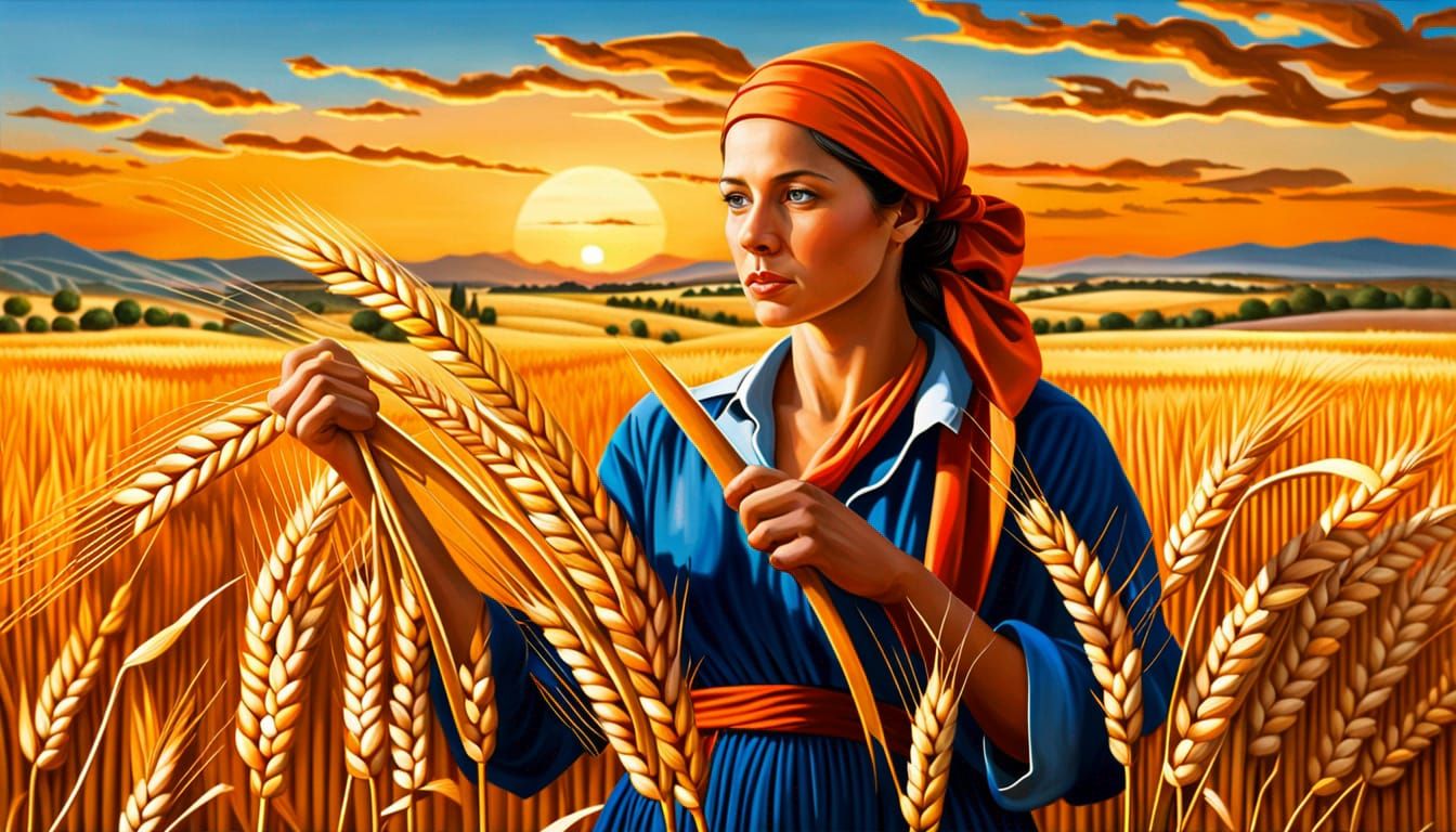 Tired woman cutting wheat with a sickle at golden hour, blue...