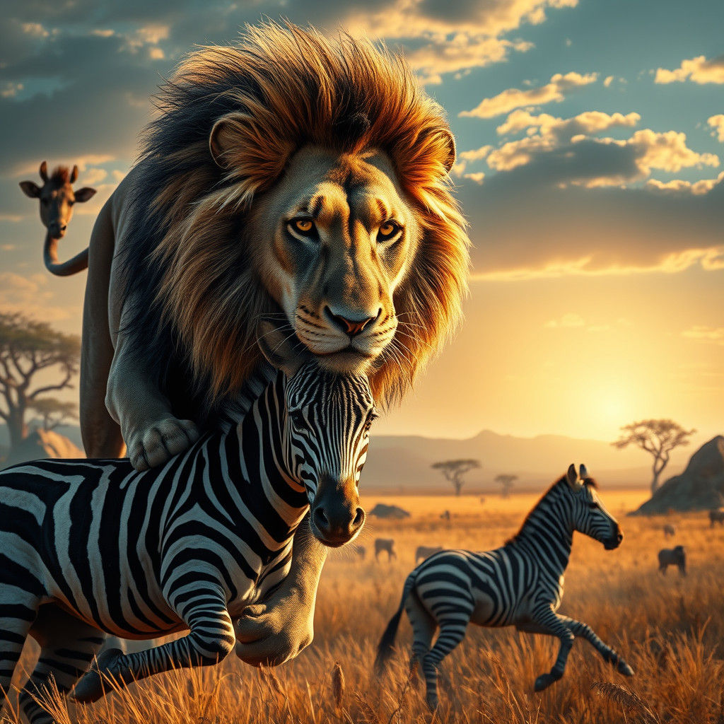 Lion Pouncing on Zebra in Sweeping Savannah