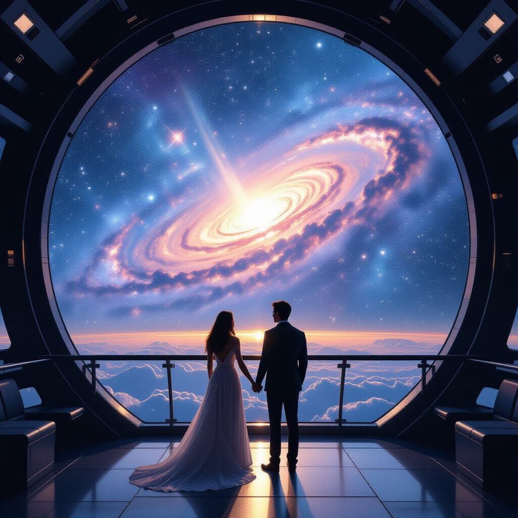 Romantic Couple Gazing at Galaxy in Spaceship