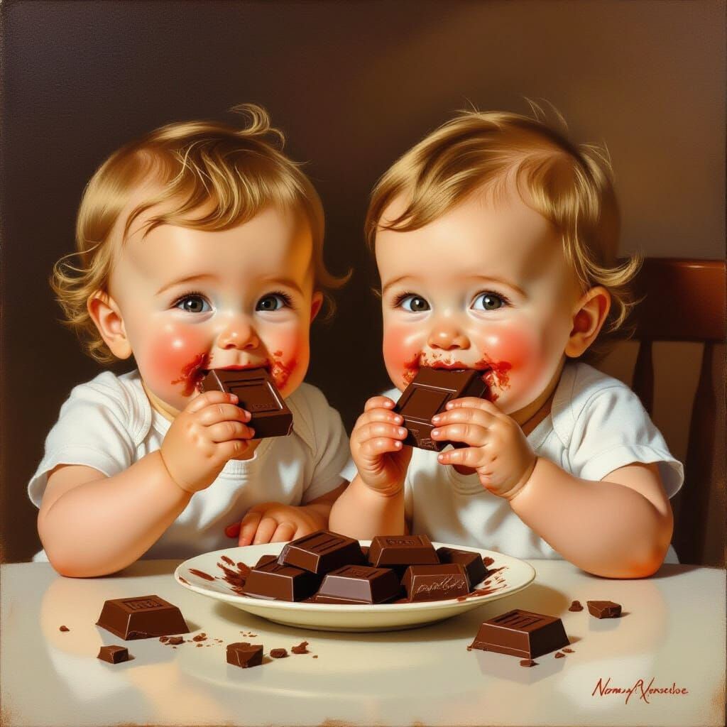 Two Babies Joyfully Eating Dark Chocolate