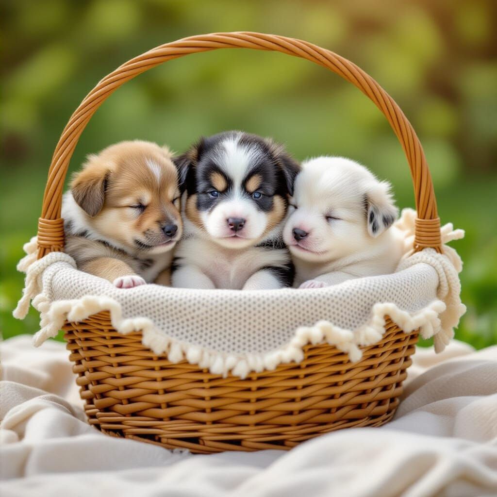 Three White Kittens Sleeping Peacefully in a Flower-Filled B...