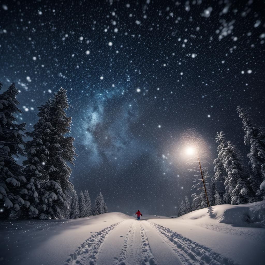 Snowboarding Through a Blizzard Under Starry Sky
