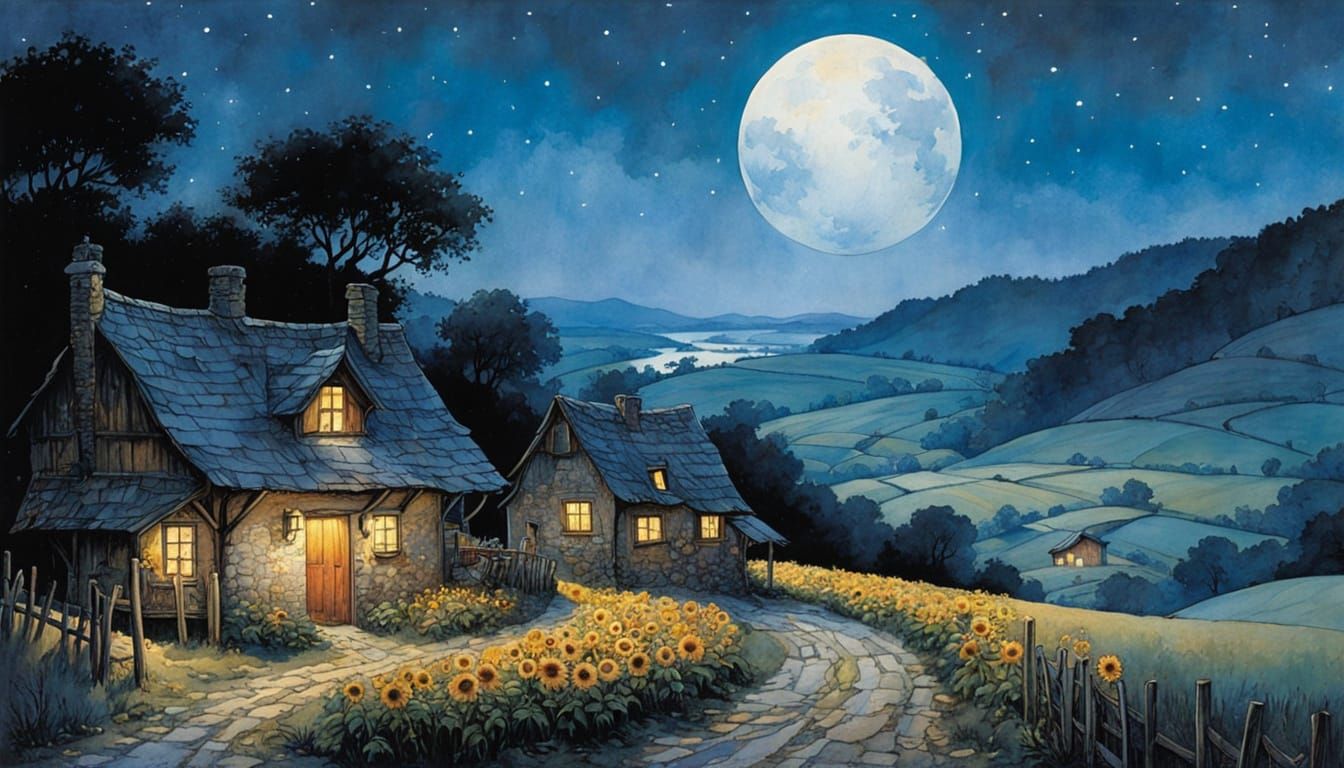 Charming Wallachian Village at Night in Storybook Style