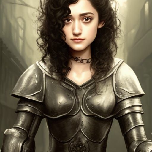 A young, cute Emmy Rossum, with black curly hair, grey eyes,...