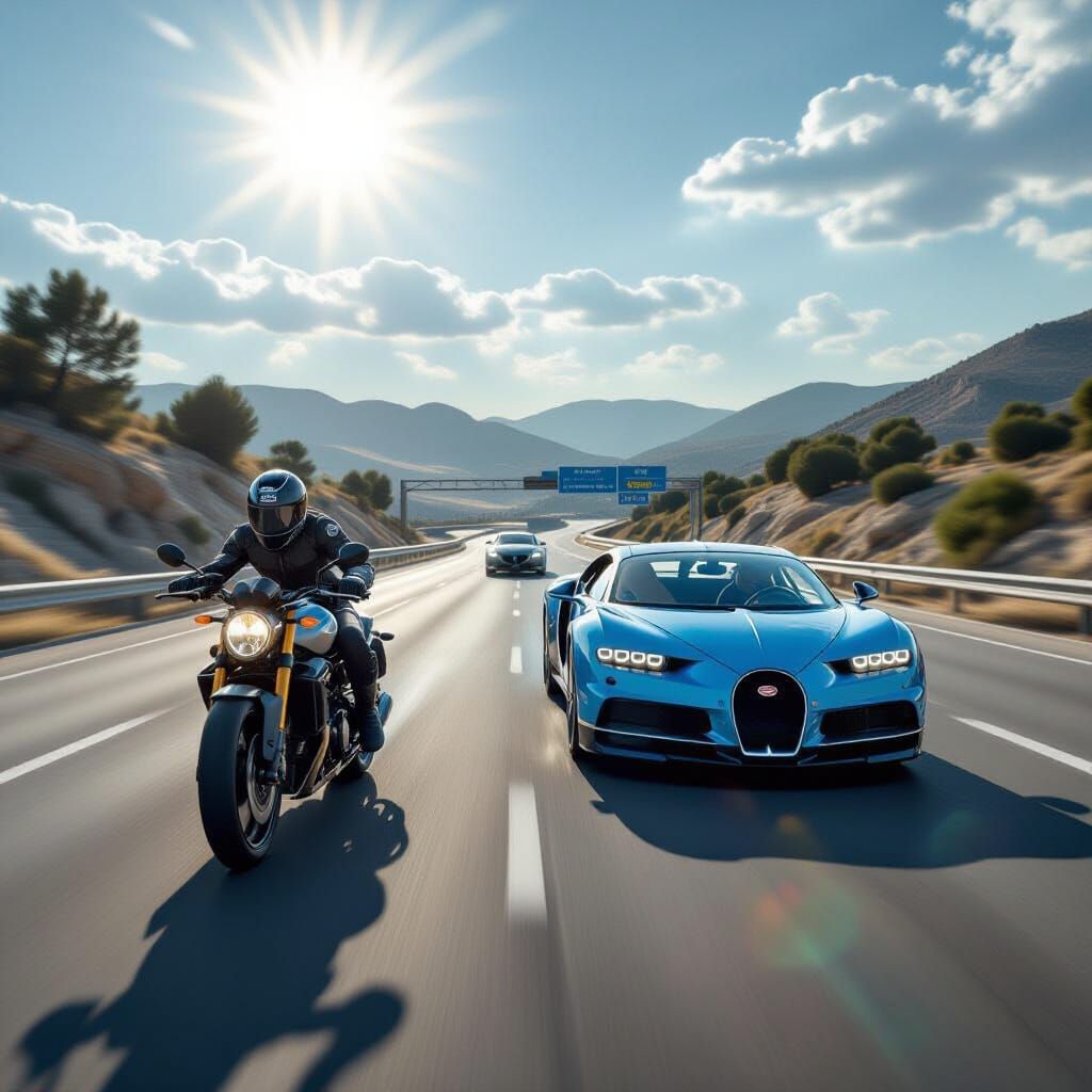 Motorcycle and Bugatti Race at High Speed