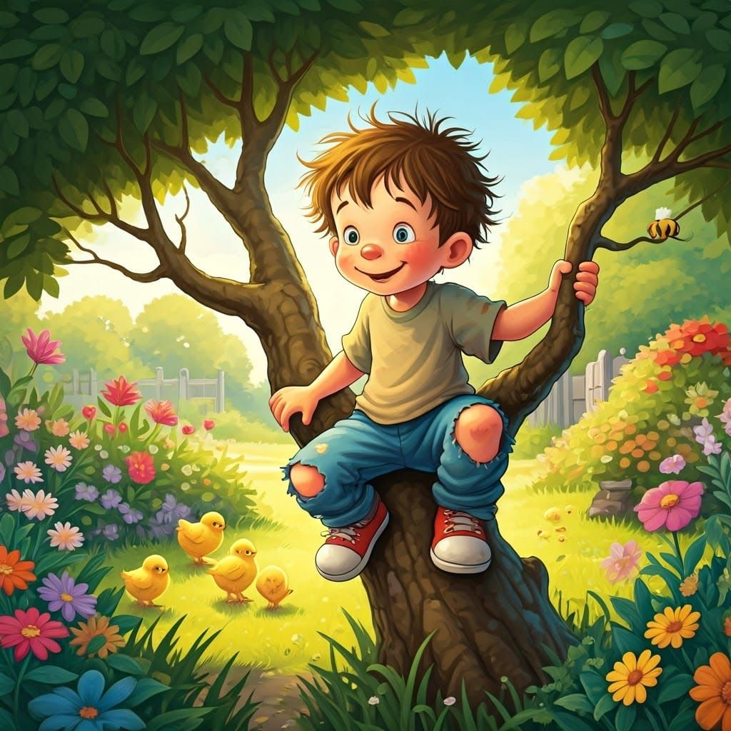 Whimsical Young Boy Climbs Tree in Vibrant Garden