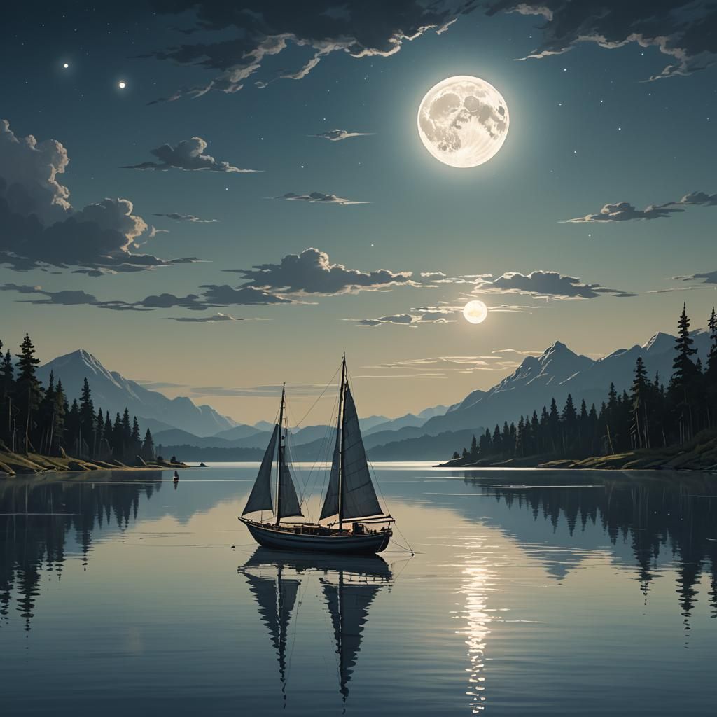 Sailboat on Lake Under Giant Moon