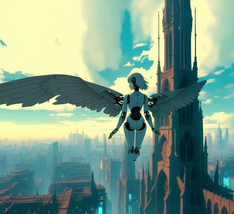 Close up of a solitary figure, a female robot with mechanical wings, floats above a colossal, ancient clockwork cathedral overlooking a cybe...