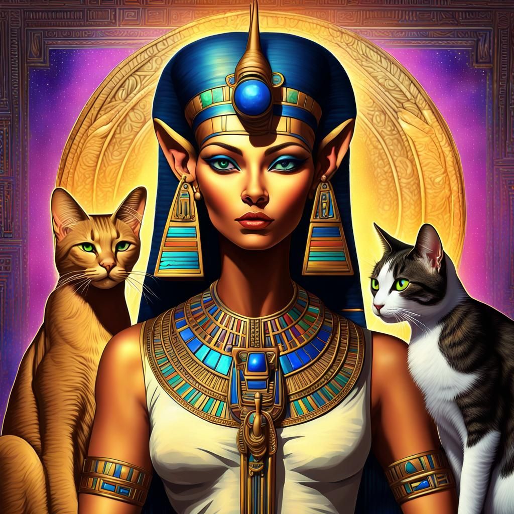 Very Beautiful Egyptian Goddess Bastet And Her Very Beautiful Cats 8k Resolution Holographic