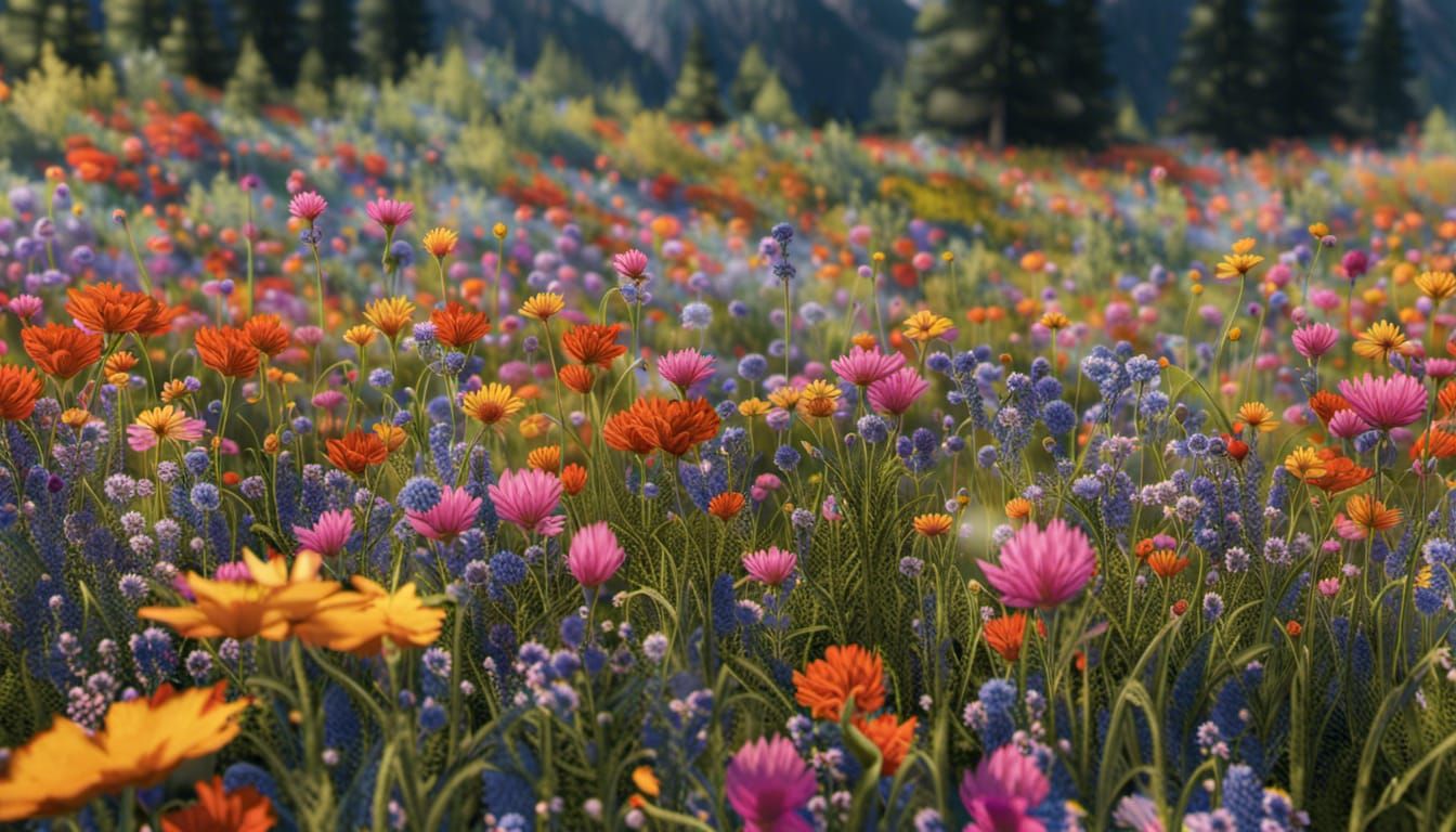 A Detailed hyper-realistic field of nothing but colorful wildflowers, Unreal Engine 5, high resolution, detailed digital art