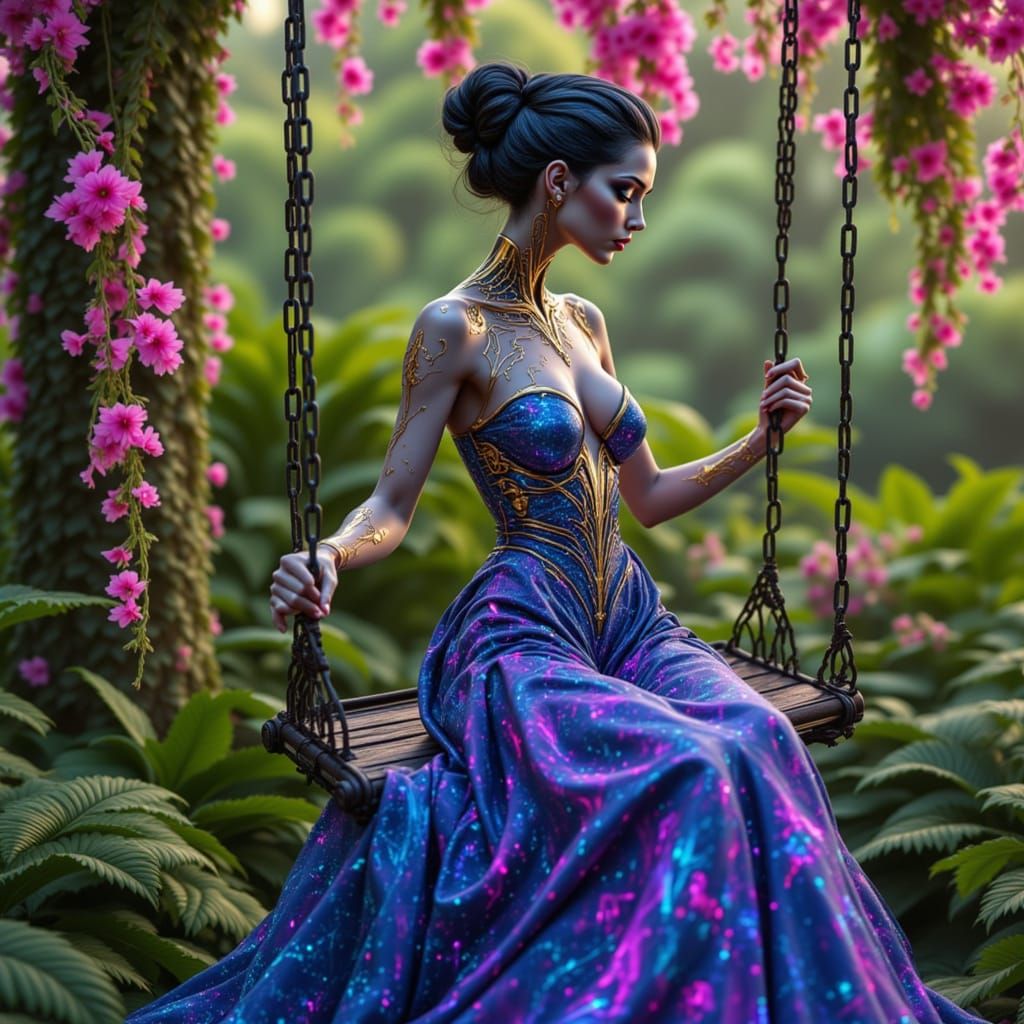 <lora:True Bioluminescence:1.0> A bioluminescent female figure poised elegantly on a vintage wrought-iron swing, her form blending organic c...